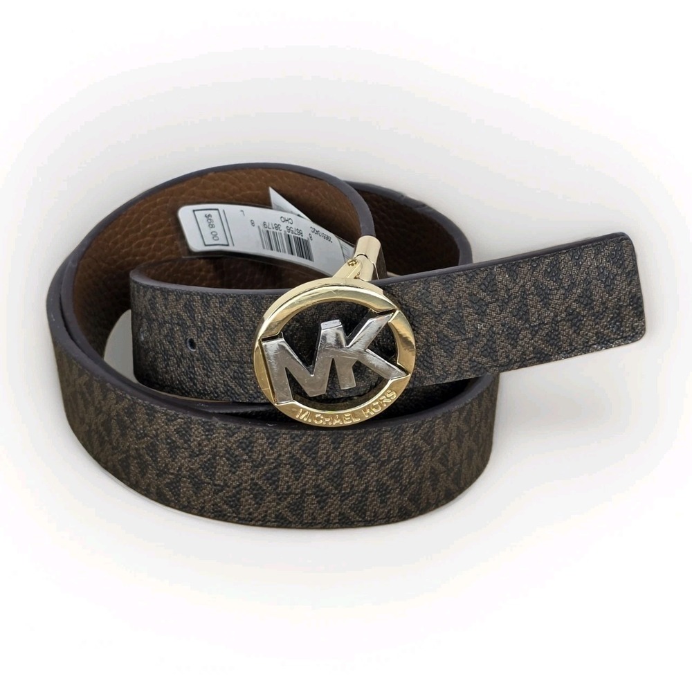 MICHAEL KORS Women MK Signature Reversible Belt Brown Signatur Gold Silver LARGE - Picture 1 of 5